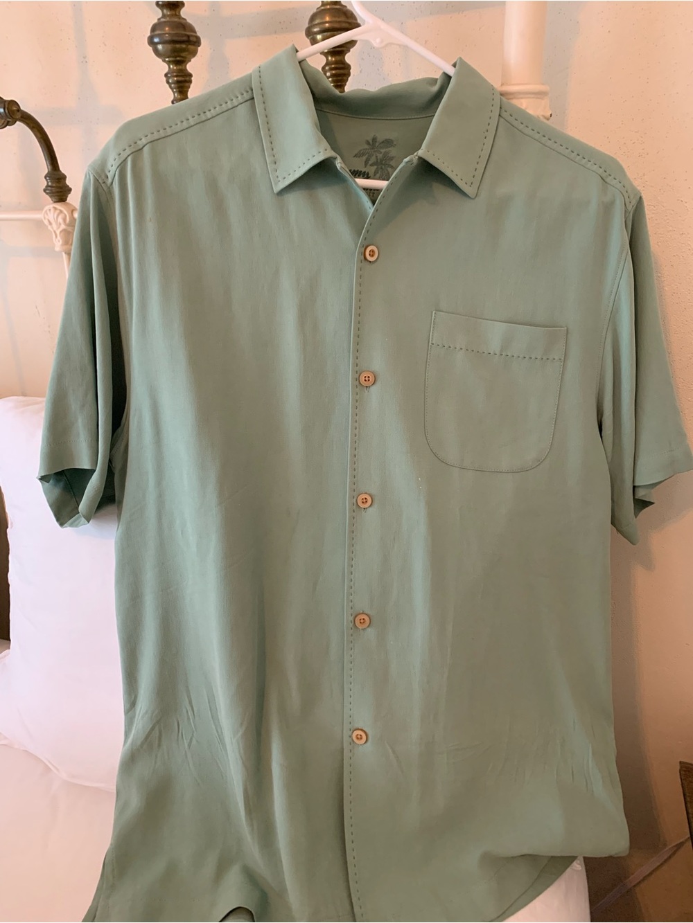 Tommy Bahama Short Sleeve Button-Up Shirt in sage green silk … stitching detail